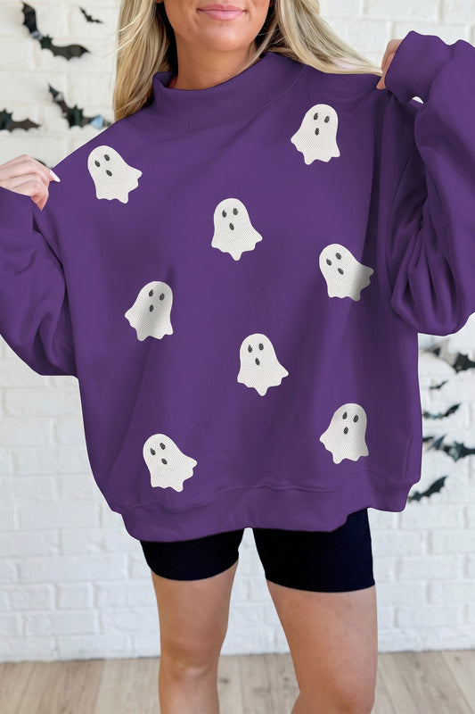 Tillandsia Purple Halloween Sequined Ghost Print Mock Neck Graphic Sweatshirt-Graphic/Graphic Sweatshirts-[Adult]-[Female]-Tillandsia Purple-S-2022 Online Blue Zone Planet