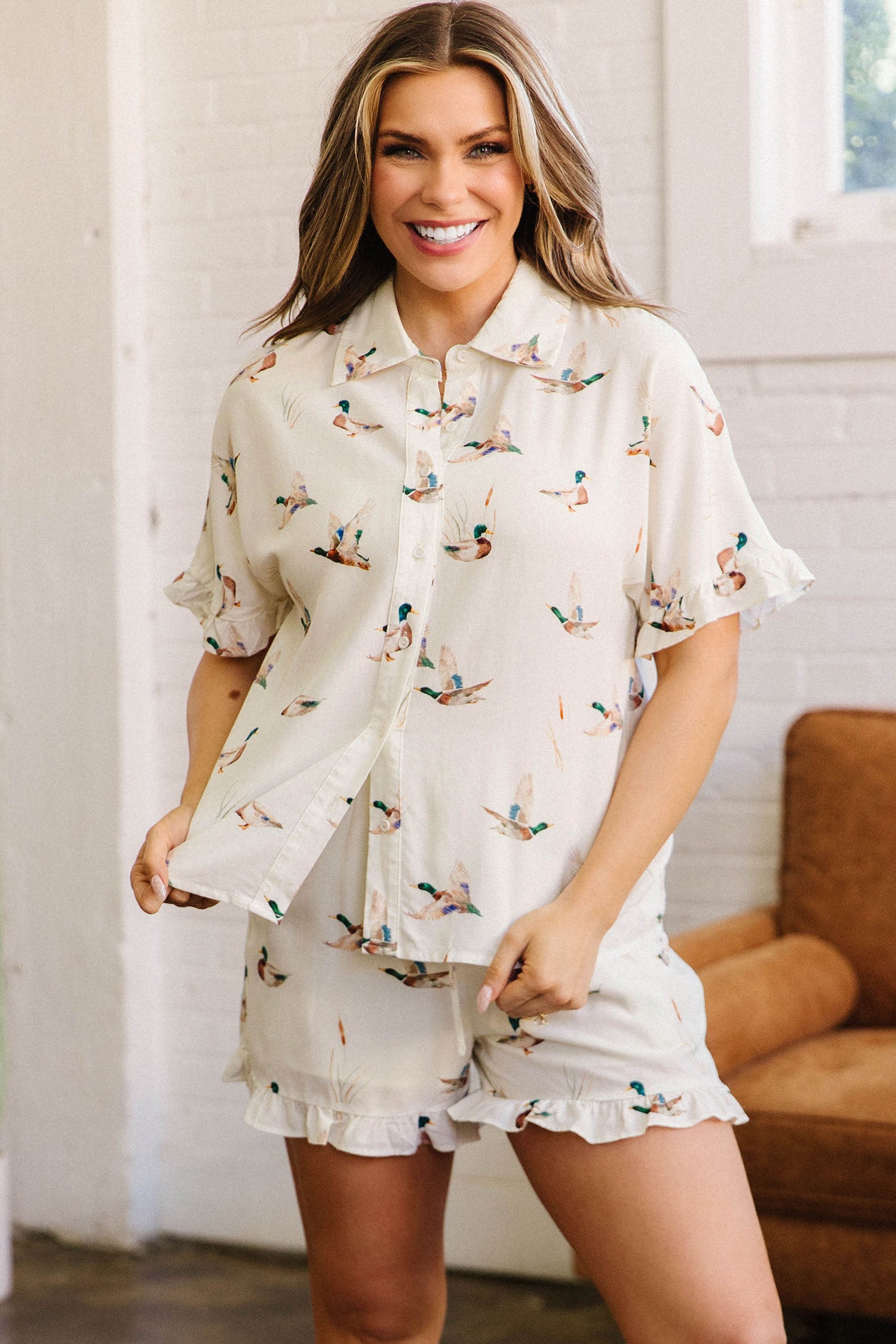 Beige Mallard Print Shirt Style Short Two Piece Set-Two Piece Sets/Short Sets-[Adult]-[Female]-2022 Online Blue Zone Planet