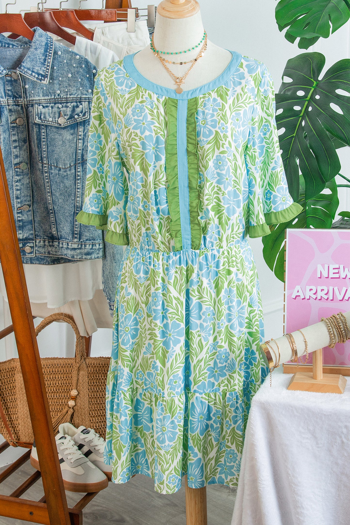 Sky Blue Floral Print High Waist Ruffle Short Sleeve Mini Dress-TOPS / DRESSES-[Adult]-[Female]-2022 Online Blue Zone Planet