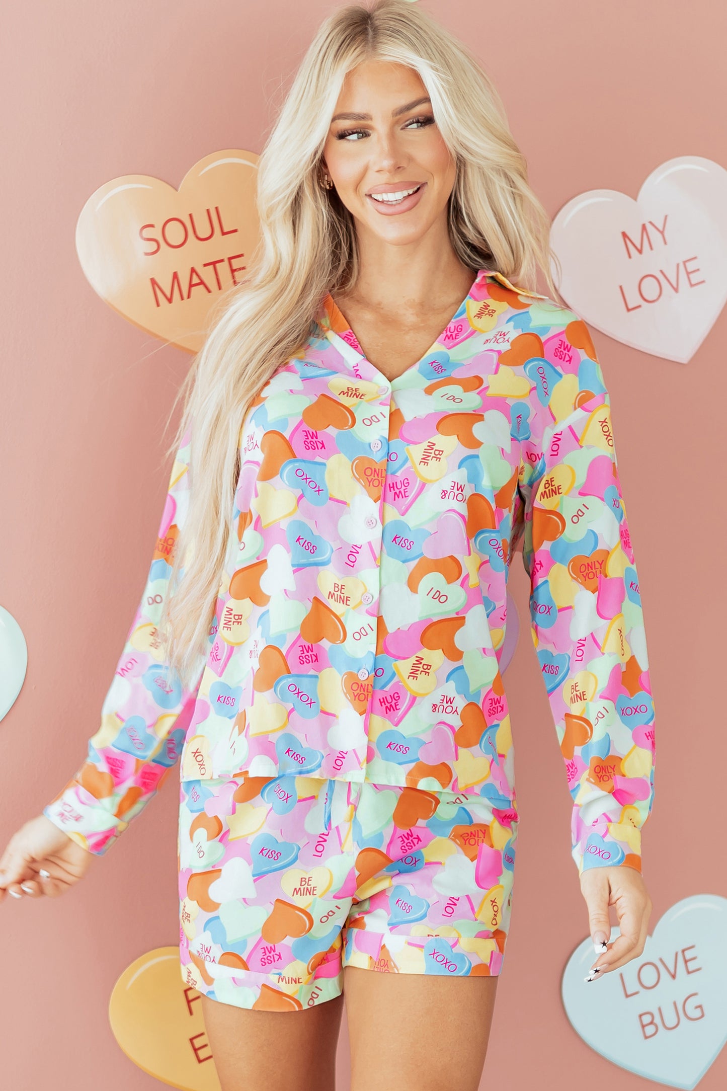 Pink Valentines Candy Heart V Neck Collared Tunic Shirt and Shorts 2pcs Pajama Set-Loungewear & Sleepwear/Loungewear-[Adult]-[Female]-2022 Online Blue Zone Planet