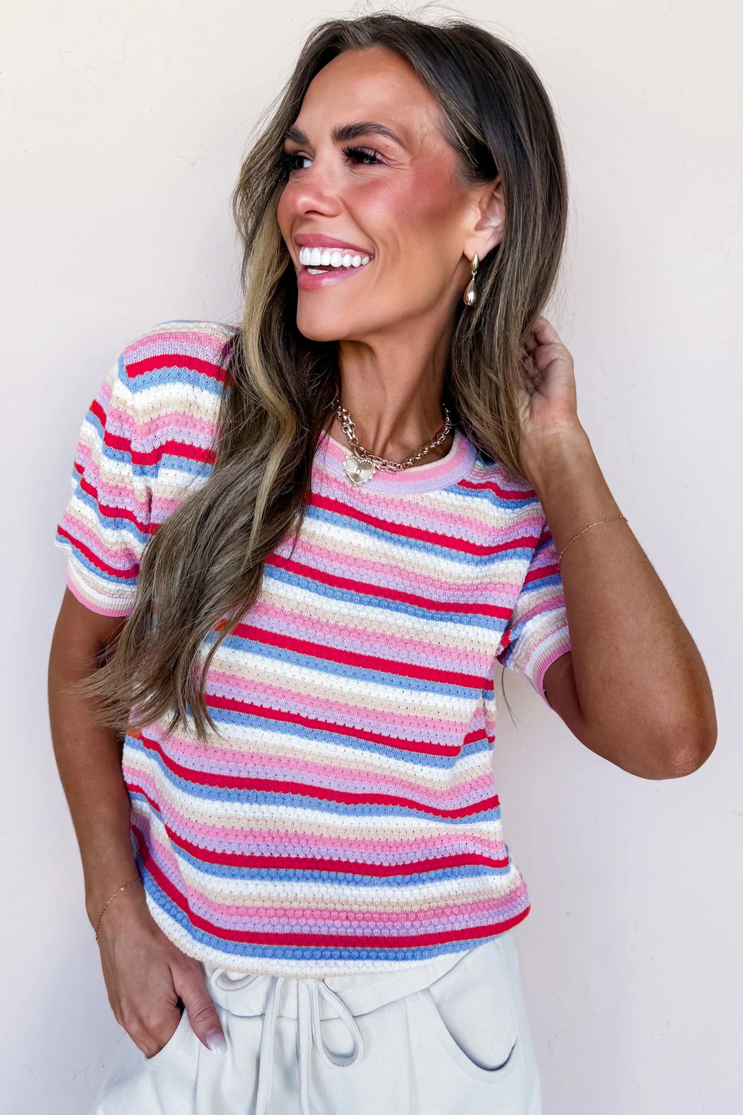 Multicolour Textured Stripes Knit Short Sleeve Sweater-Sweaters & Cardigans/Short Sleeve Sweaters-[Adult]-[Female]-2022 Online Blue Zone Planet