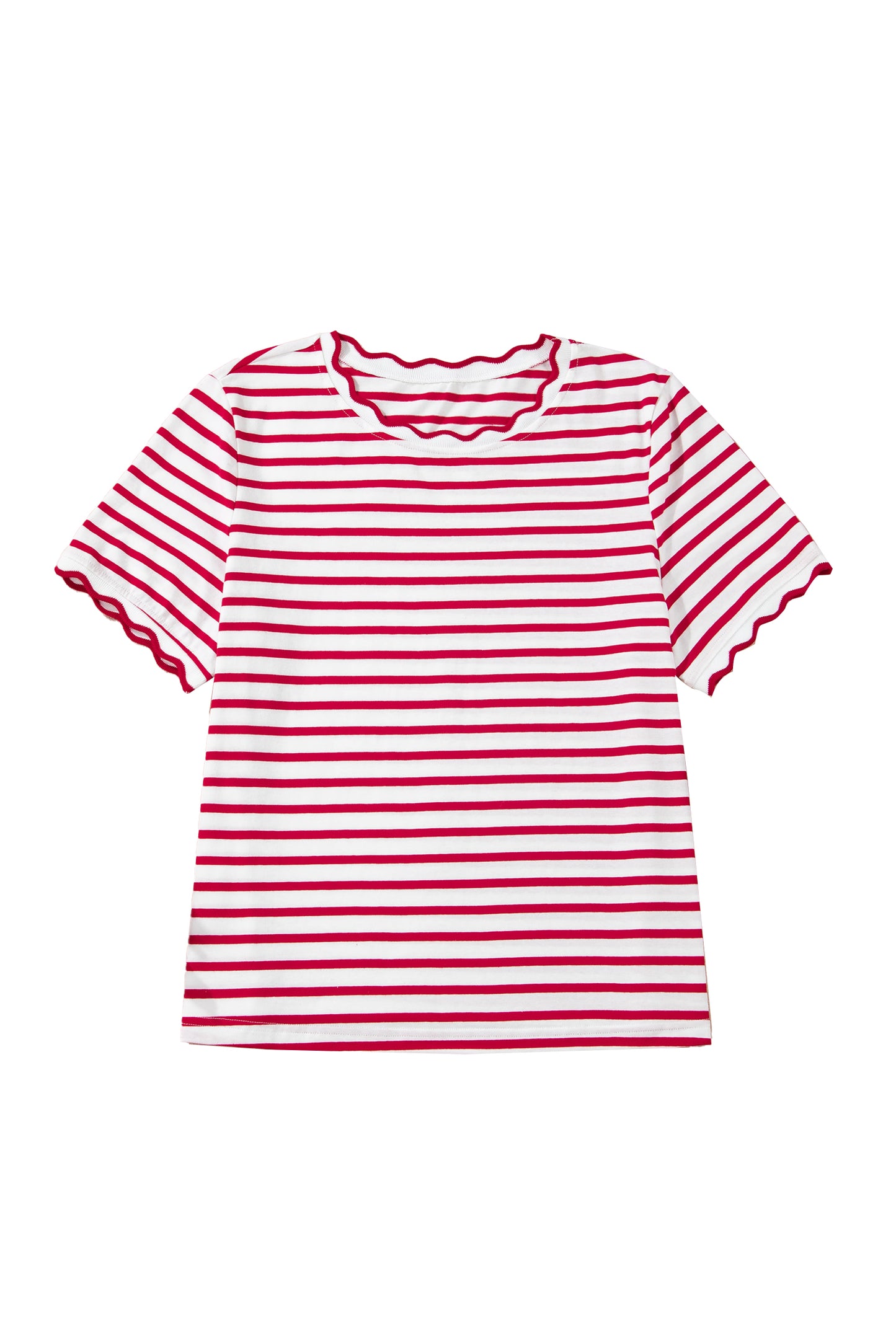 Red Stripe Scalloped Trim Round Neck T Shirt-Tops/Tops & Tees-[Adult]-[Female]-2022 Online Blue Zone Planet