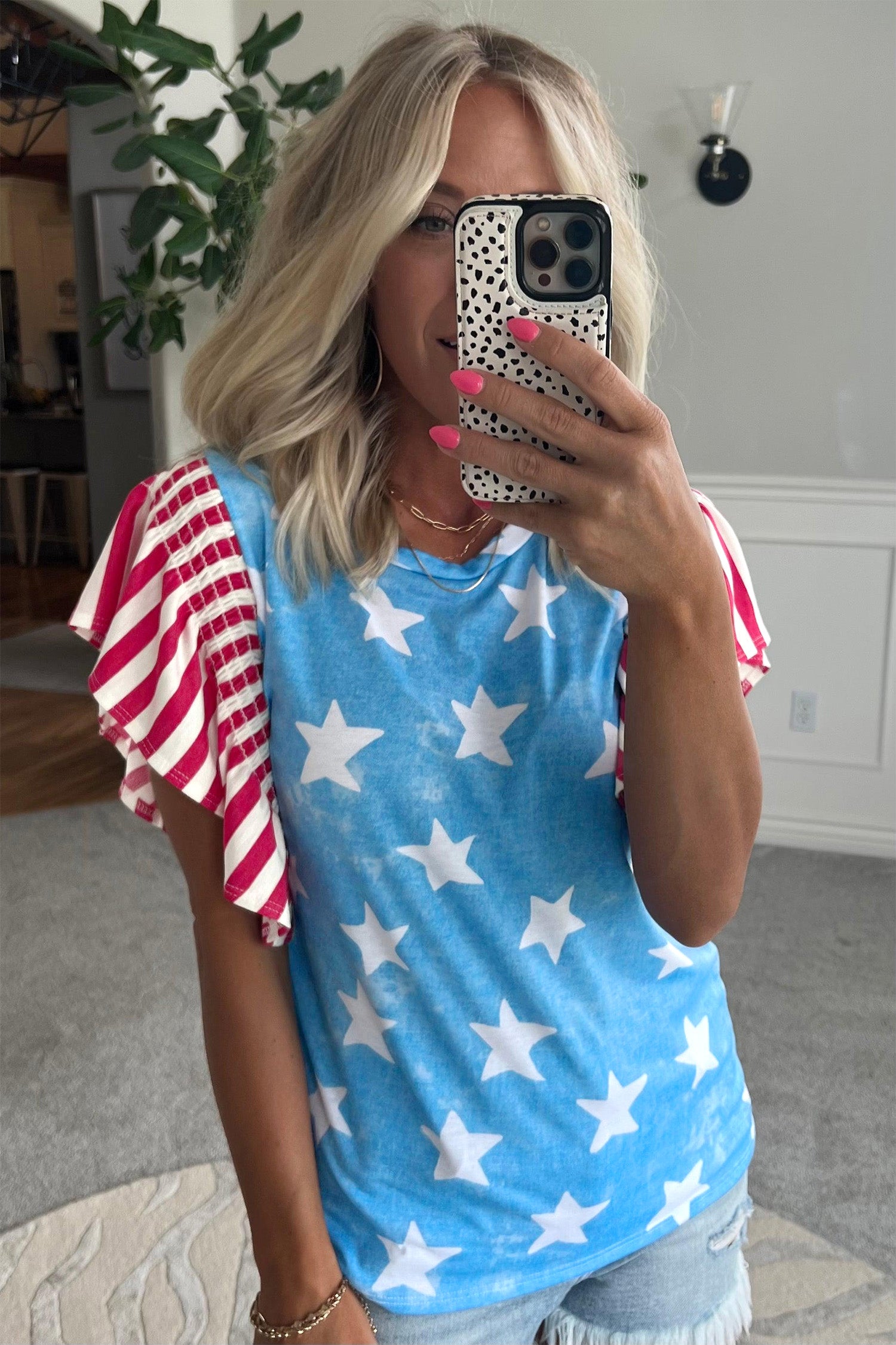 Sky Blue Vintage Star Print Striped Ruffle Sleeve Independence Day Top-Tops/Tops & Tees-[Adult]-[Female]-2022 Online Blue Zone Planet