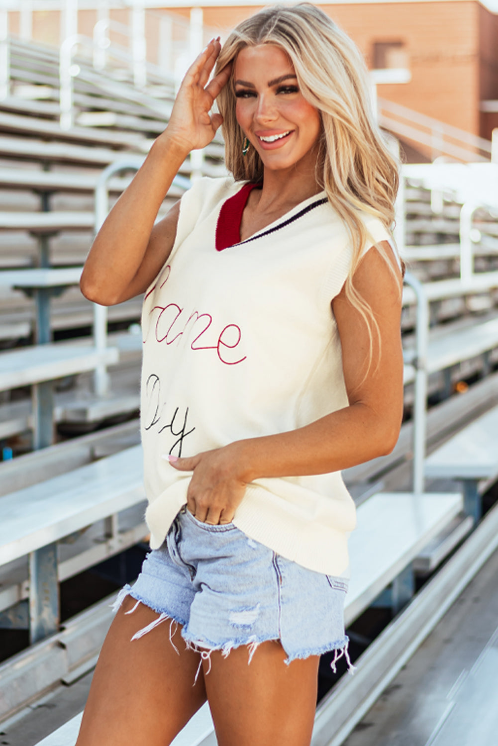 White Vintage Game Day Sweater Vest-Sweaters & Cardigans/Sweater Vests-[Adult]-[Female]-2022 Online Blue Zone Planet