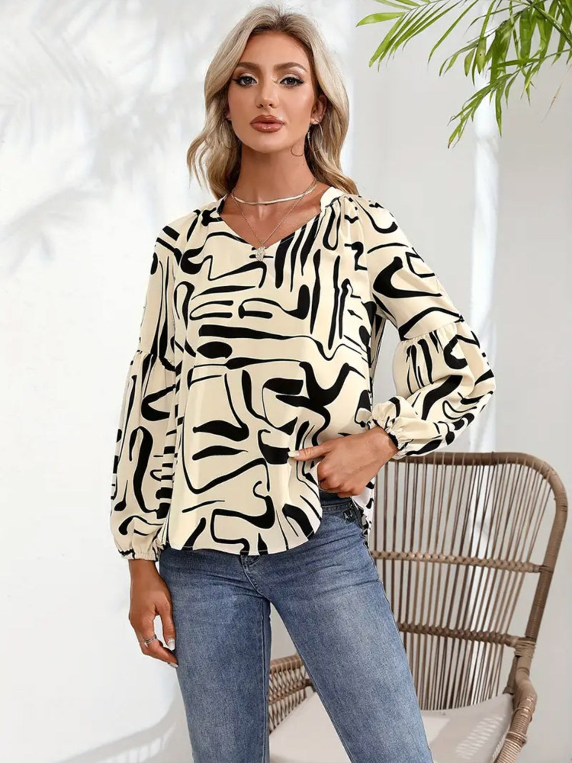 Printed Notched Long Sleeve Blouse-TOPS / DRESSES-[Adult]-[Female]-2022 Online Blue Zone Planet