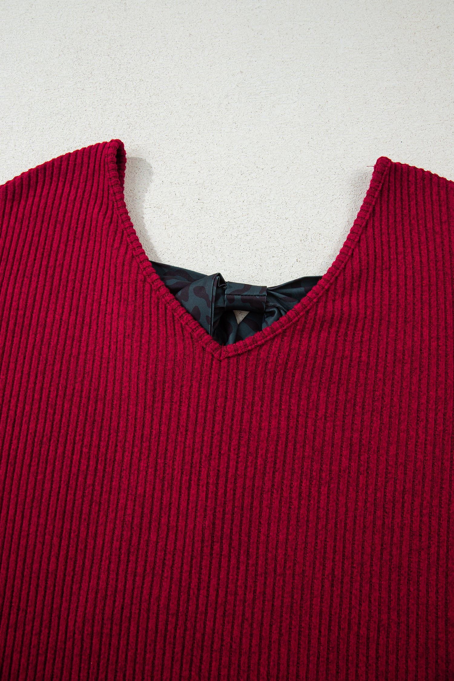 Racing Red Ribbed V Neck Contrast Ribbon Bow Back Drop Shoulder Long Sleeve Top-Tops/Blouses & Shirts-[Adult]-[Female]-2022 Online Blue Zone Planet