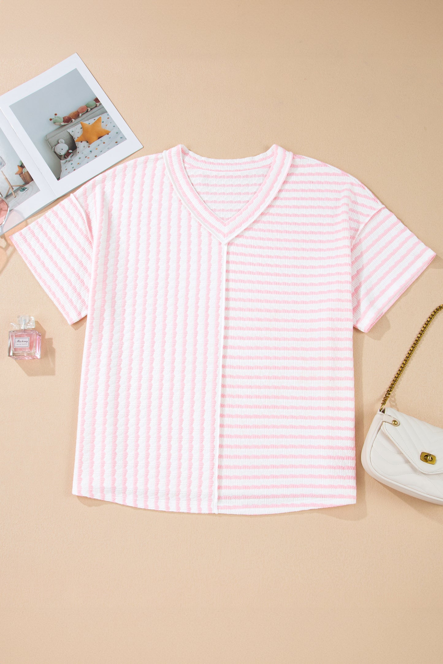 Pink Stripe Plus Size V Neck Exposed Seam Patchwork T Shirt-Plus Size/Plus Size Tops/Plus Size Tops & Tees-[Adult]-[Female]-Pink Stripe-1X-2022 Online Blue Zone Planet