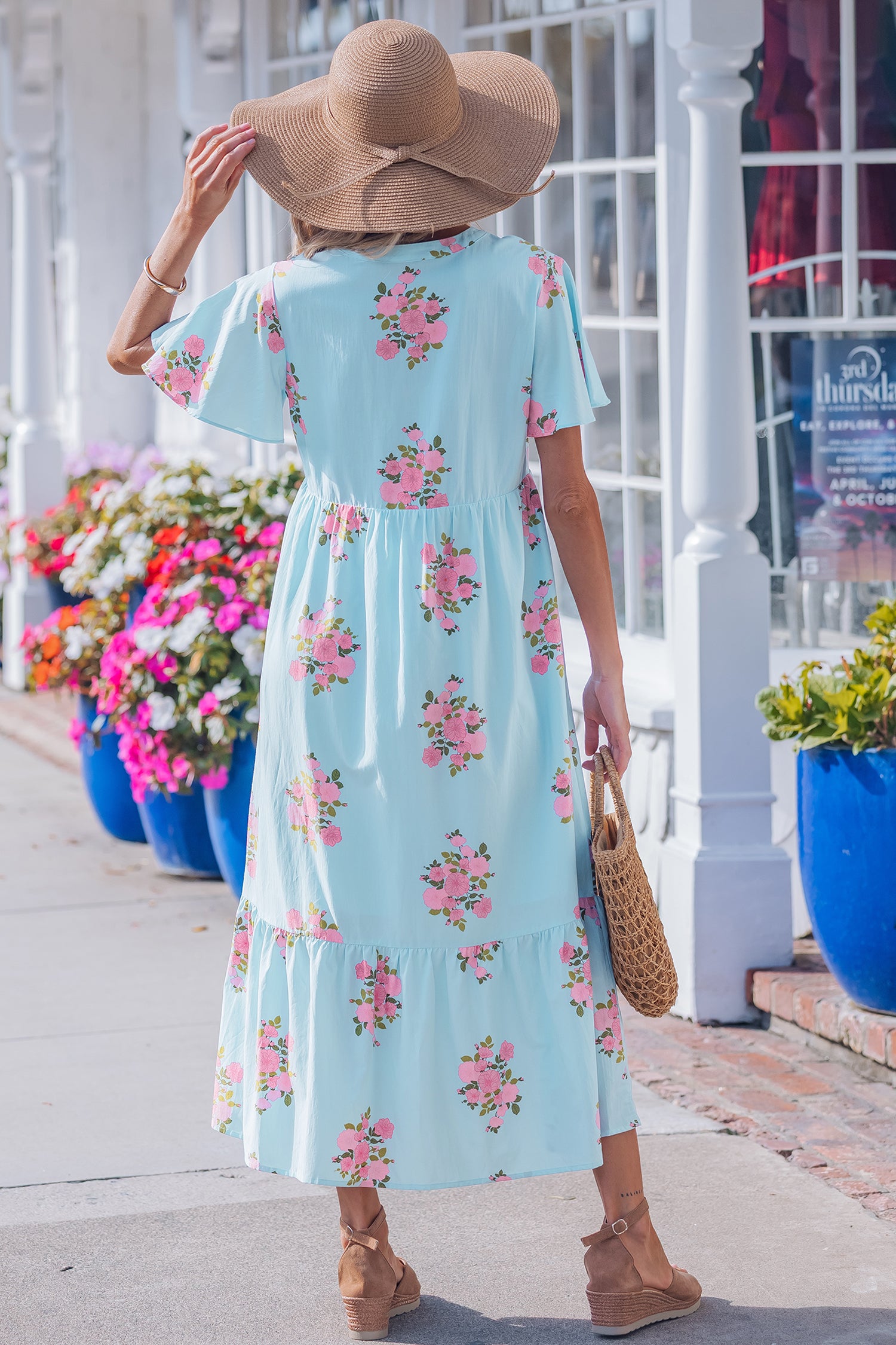 Sky Blue Notched Neck Flutter Short Sleeve Floral Print Maxi Dress-TOPS / DRESSES-[Adult]-[Female]-2022 Online Blue Zone Planet