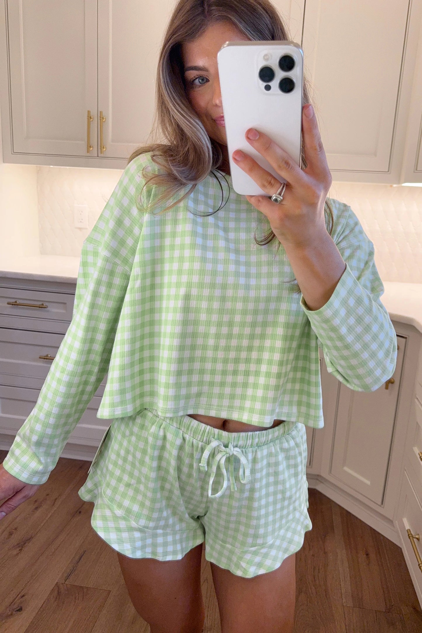 Green Gingham Long Sleeve Loose Top Drawstring Shorts 2pcs Lounge Set-Loungewear & Sleepwear/Loungewear-[Adult]-[Female]-2022 Online Blue Zone Planet
