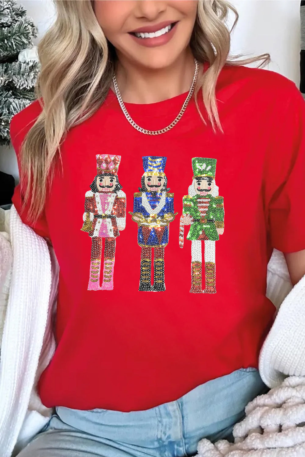 Red Sequined Christmas Nutcracker-Man Graphic Cuffed Short Sleeve T Shirt-Graphic/Graphic Tees-[Adult]-[Female]-2022 Online Blue Zone Planet