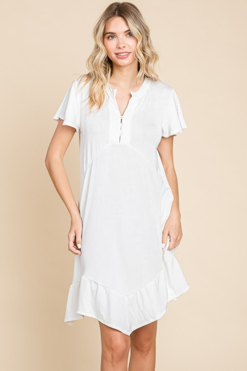 Culture Code Full Size Short Sleeve Ruffled Asymmetric Hem Dress Soft White / S