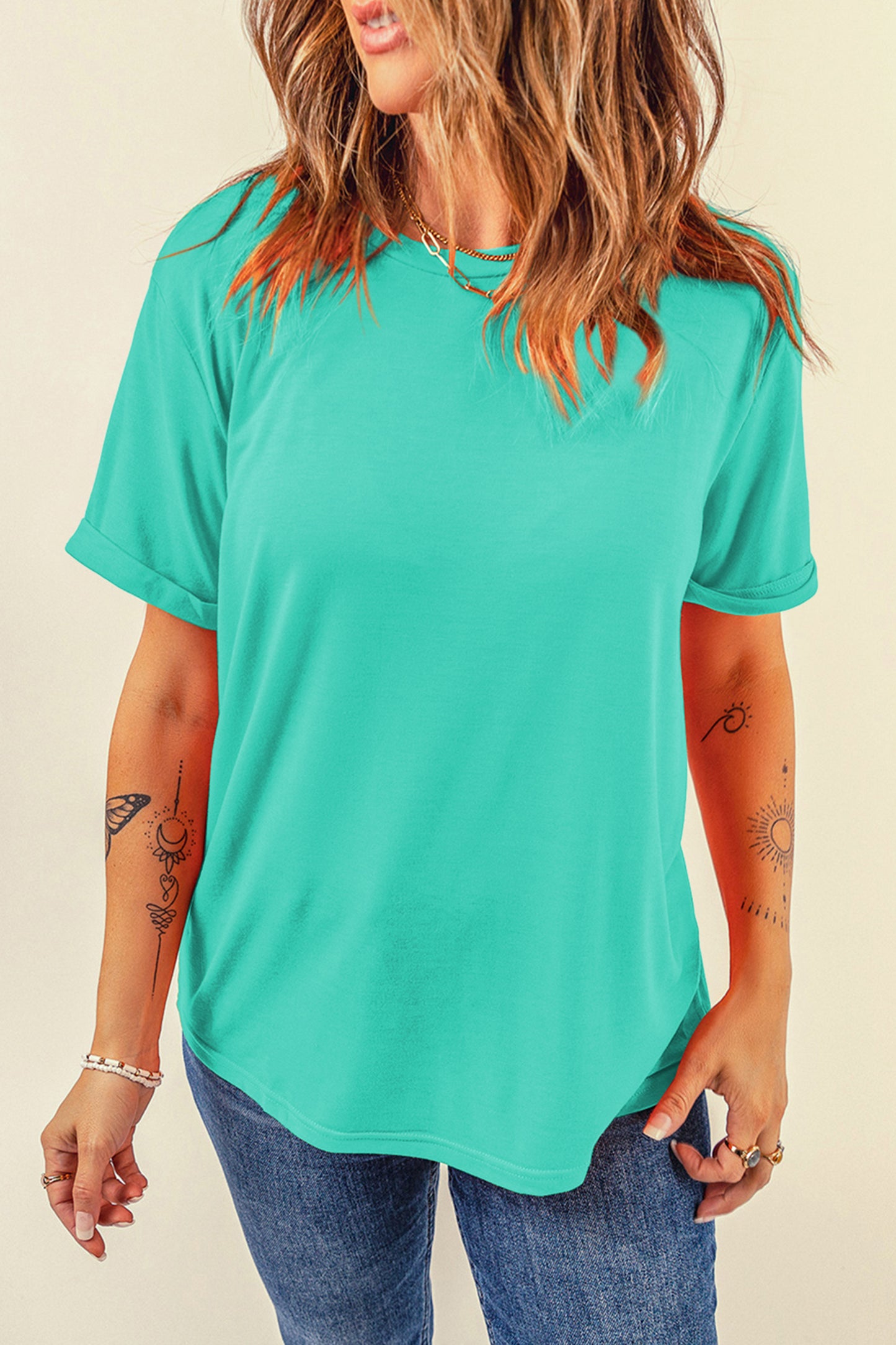 Mint Green Casual Plain Crew Neck Tee-Tops/Tops & Tees-[Adult]-[Female]-2022 Online Blue Zone Planet