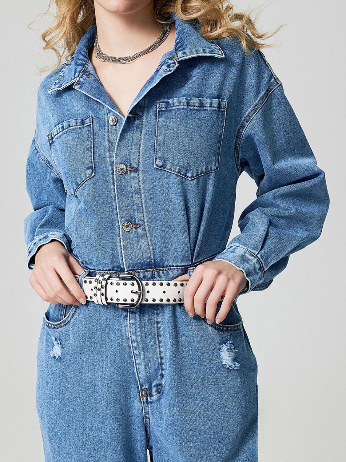 Distressed Button Down Drop Shoulder Denim Jumpsuit-TOPS / DRESSES-[Adult]-[Female]-2022 Online Blue Zone Planet