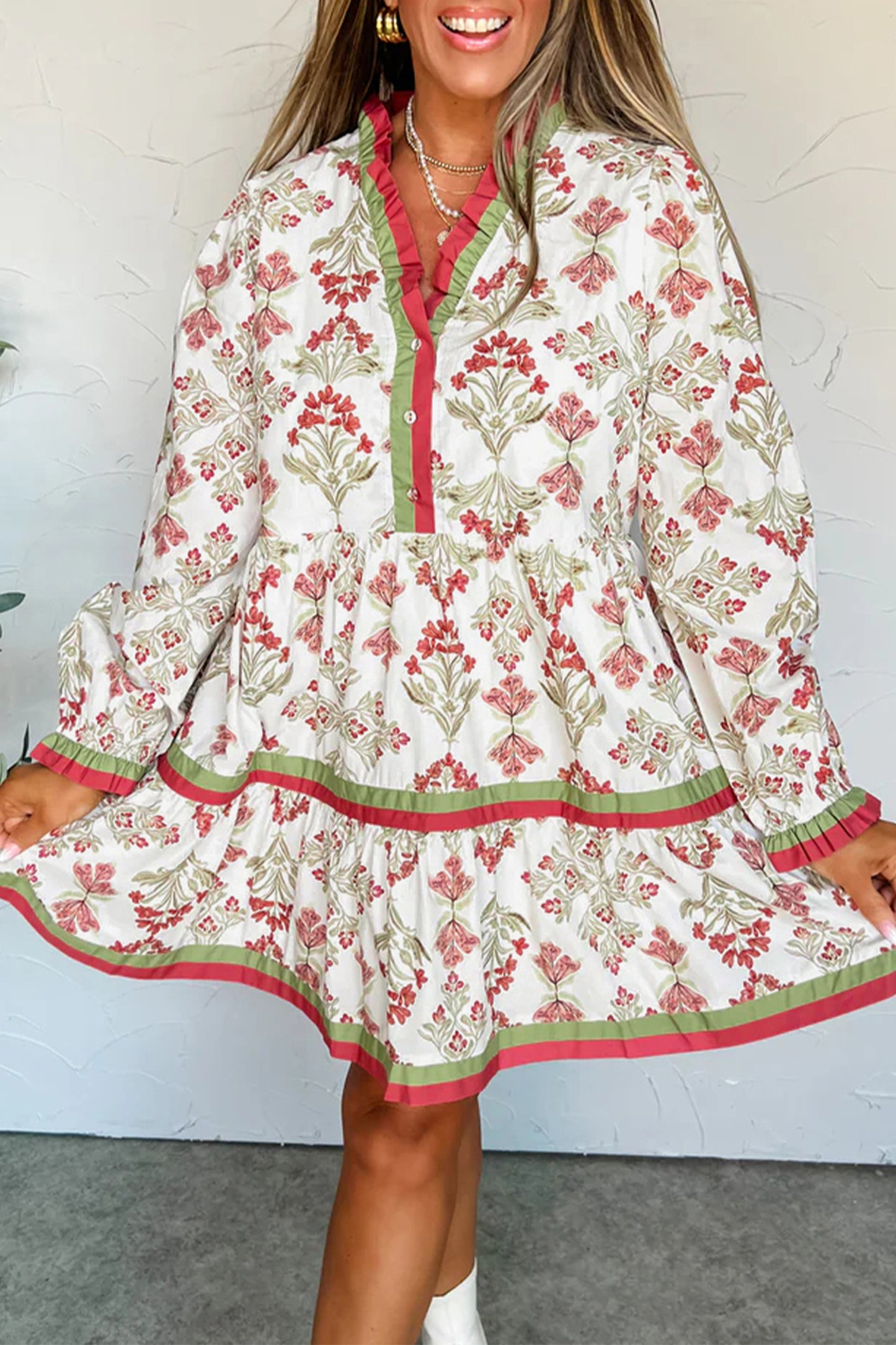 Pink Floral Print Contrast Trim Frilled Neck Long Sleeve Flared Dress-TOPS / DRESSES-[Adult]-[Female]-2022 Online Blue Zone Planet