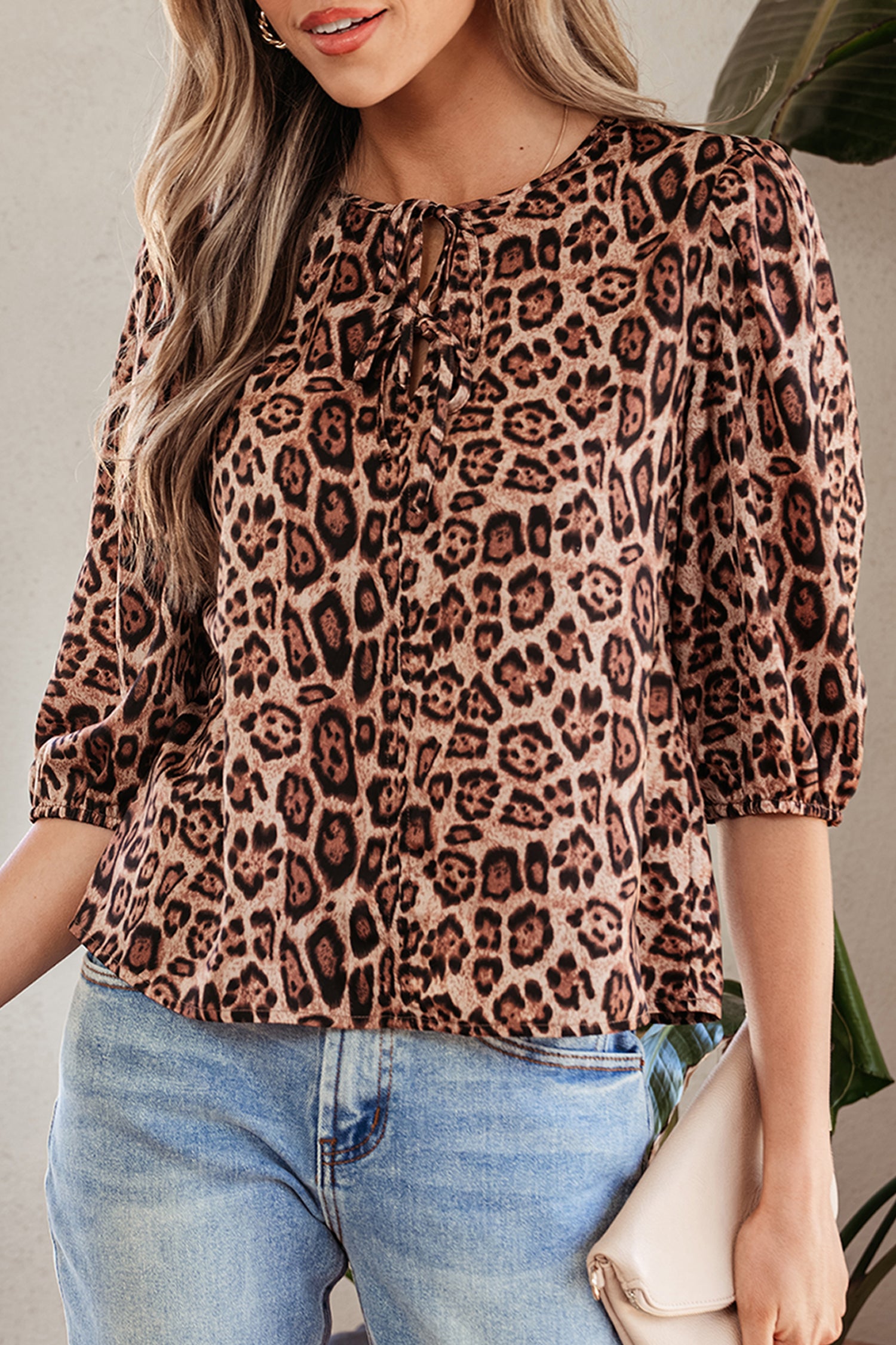 Brown Leopard Bow Tie Puff Sleeve Blouse-Tops/Blouses & Shirts-[Adult]-[Female]-2022 Online Blue Zone Planet
