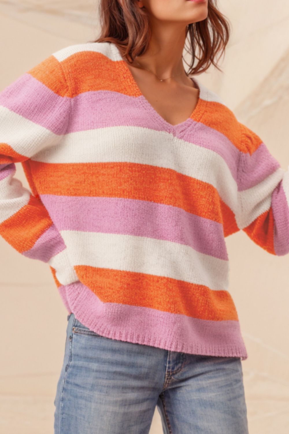 Color Block V-Neck Long Sleeve Sweater-TOPS / DRESSES-[Adult]-[Female]-2022 Online Blue Zone Planet