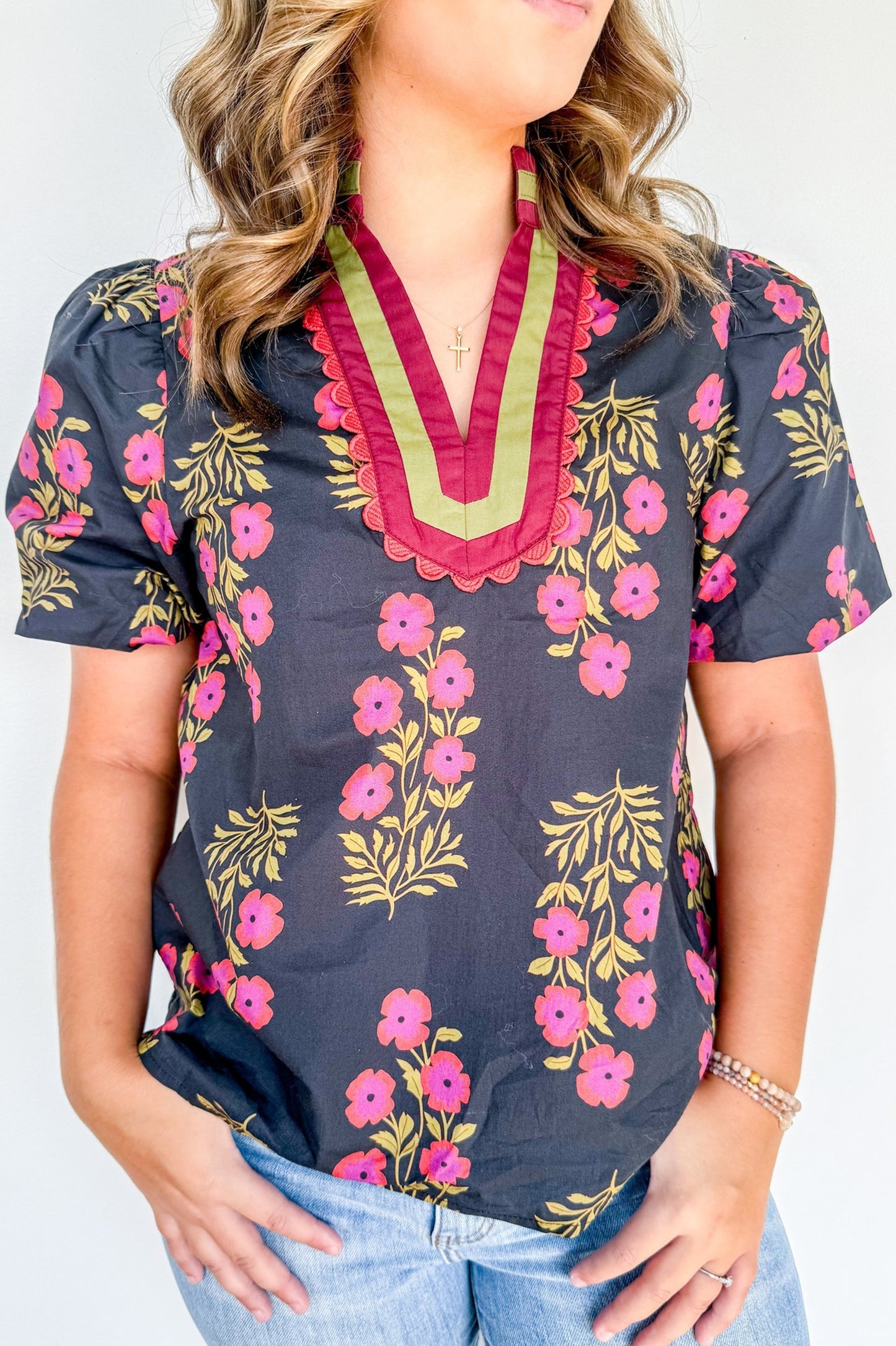 Black Plus Size Floral Print Ricrac Striped Trim Short Sleeve Cotton Blouse-Plus Size/Plus Size Tops/Plus Size Blouses & Shirts-[Adult]-[Female]-Black-1X-2022 Online Blue Zone Planet