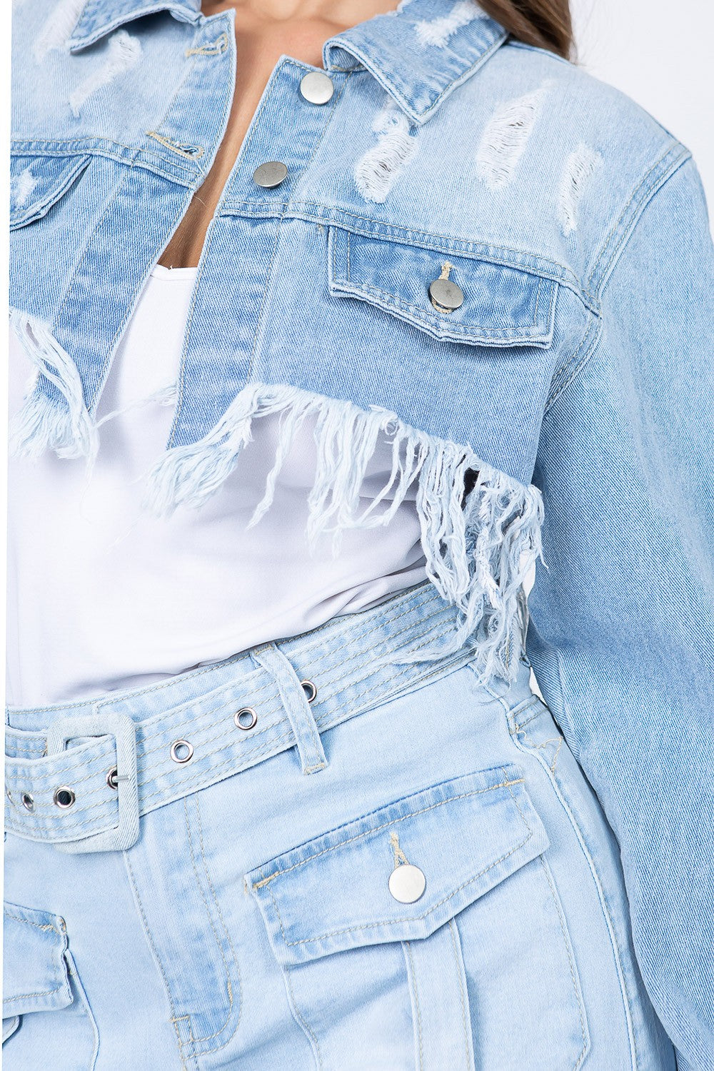 American Bazi Distressed Denim Jacket with Frayed Hem-TOPS / DRESSES-[Adult]-[Female]-2022 Online Blue Zone Planet