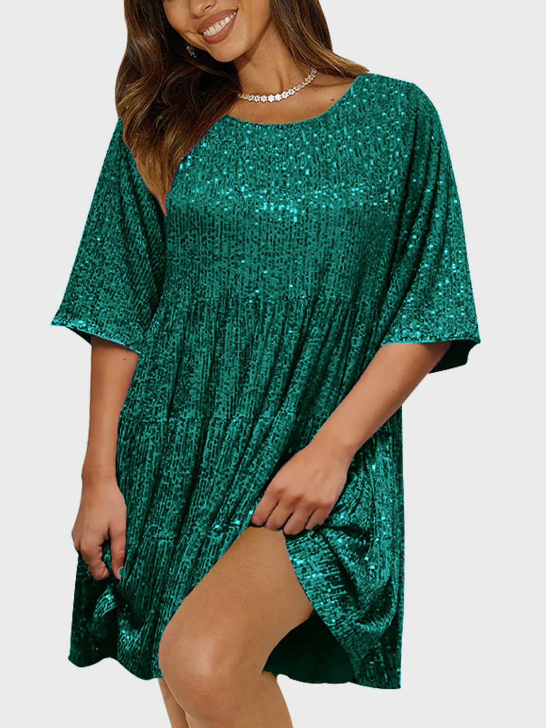 Full Size Sequin Round Neck Half Sleeve Mini Dress-TOPS / DRESSES-[Adult]-[Female]-Dark Green-S-2022 Online Blue Zone Planet