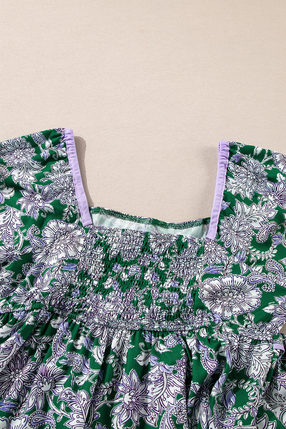 Blue Zone Planet | Green Floral Print Piping Trim Bubble Sleeve Square Neck Dress-TOPS / DRESSES-[Adult]-[Female]-2022 Online Blue Zone Planet