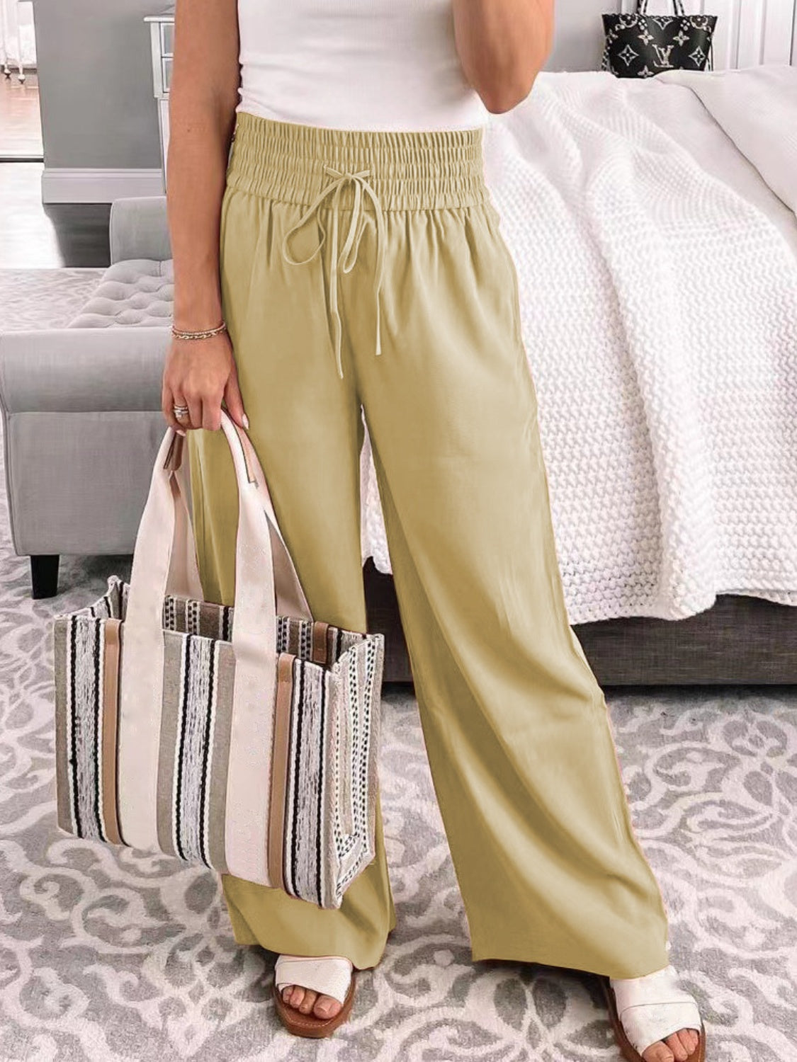 Full Size Drawstring High Waist Wide Leg Pants-BOTTOMS SIZES SMALL MEDIUM LARGE-[Adult]-[Female]-Tan-S-2022 Online Blue Zone Planet