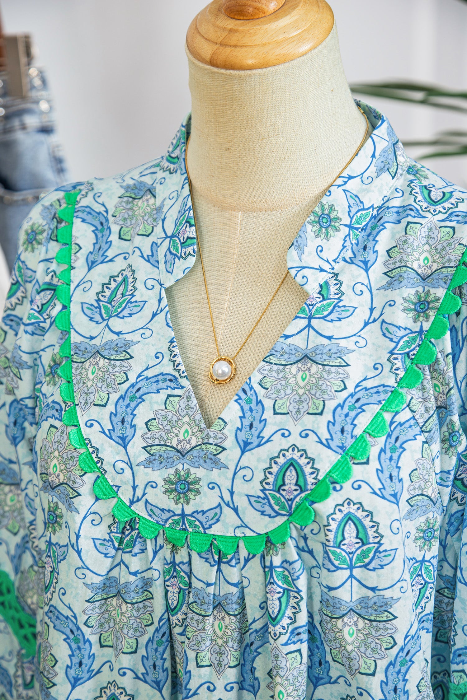 Sky Blue Boho Paisley Print Contrasted Patchwork Detail Bracelet Sleeve Loose Mini Dress-Bracelet-[Adult]-[Female]-2022 Online Blue Zone Planet