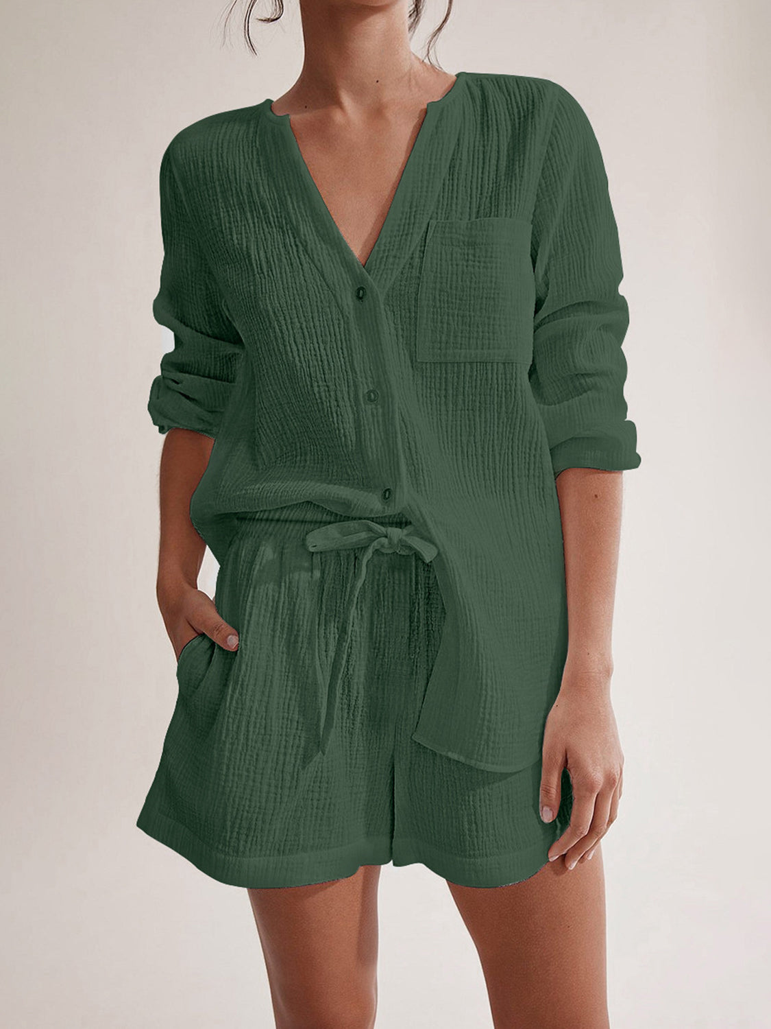 Blue Zone | Notched Long Sleeve Top and Shorts Set - Blue Zone Dark Green / M by Blue Zone Planet Blue Zone | Notched Long Sleeve Top and Shorts Set - Blue Zone Dark Green / M by Blue Zone Planet