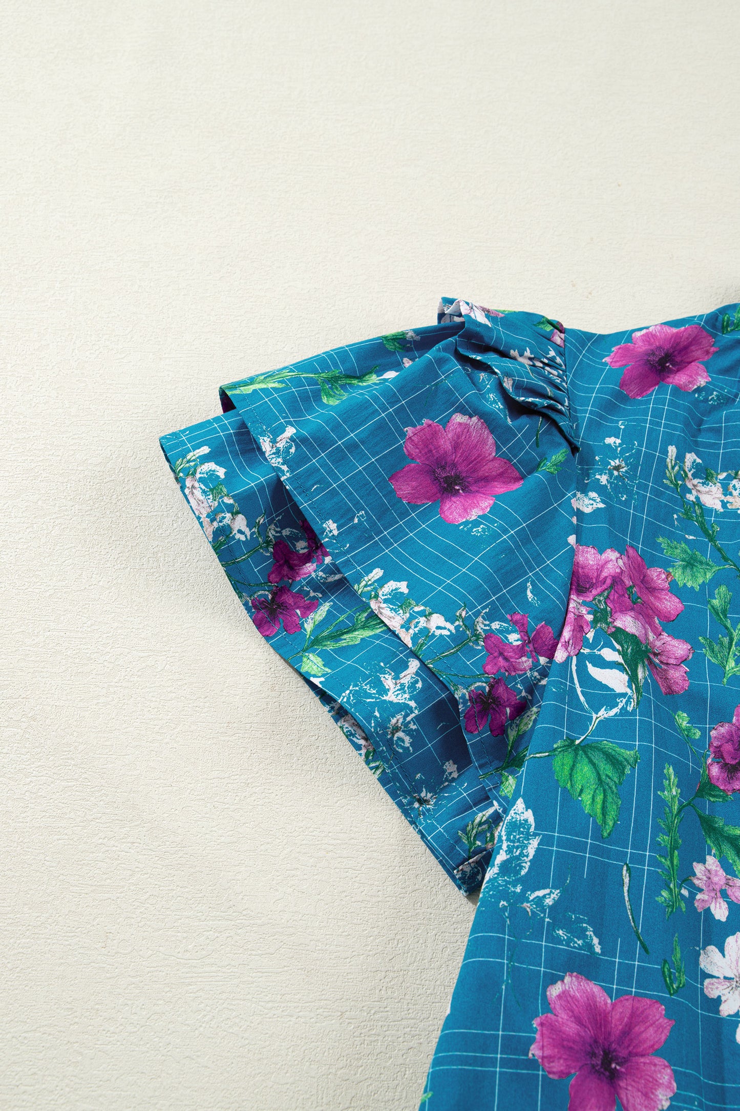 Blue Floral Flutter Sleeve Button Tie Split Neck Belted Long Dress-TOPS / DRESSES-[Adult]-[Female]-2022 Online Blue Zone Planet
