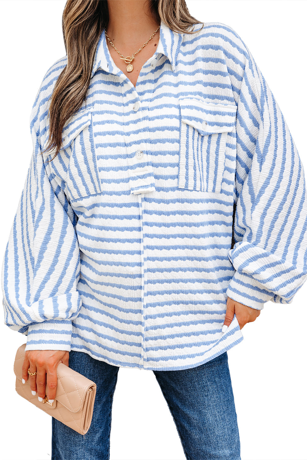 Sky Blue Stripe Half Button Collared Chest Pockets Loose Fit Blouse-Tops/Blouses & Shirts-[Adult]-[Female]-2022 Online Blue Zone Planet