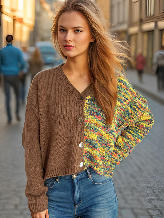 Contrast Button Up V-Neck Cropped Cardigan-NEW ARRIVALS-[Adult]-[Female]-Caramel-One Size-2022 Online Blue Zone Planet
