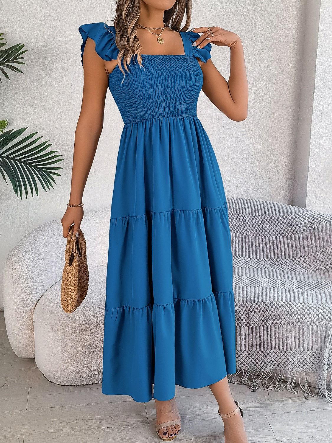 Blue Zone Planet | Smocked Square Neck Cap Sleeve Midi Dress-TOPS / DRESSES-[Adult]-[Female]-2022 Online Blue Zone Planet