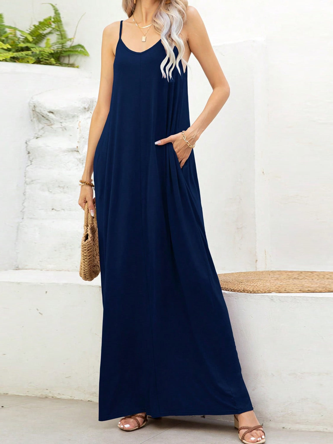 V-Neck Maxi Cami Dress with Pockets-TOPS / DRESSES-[Adult]-[Female]-2022 Online Blue Zone Planet