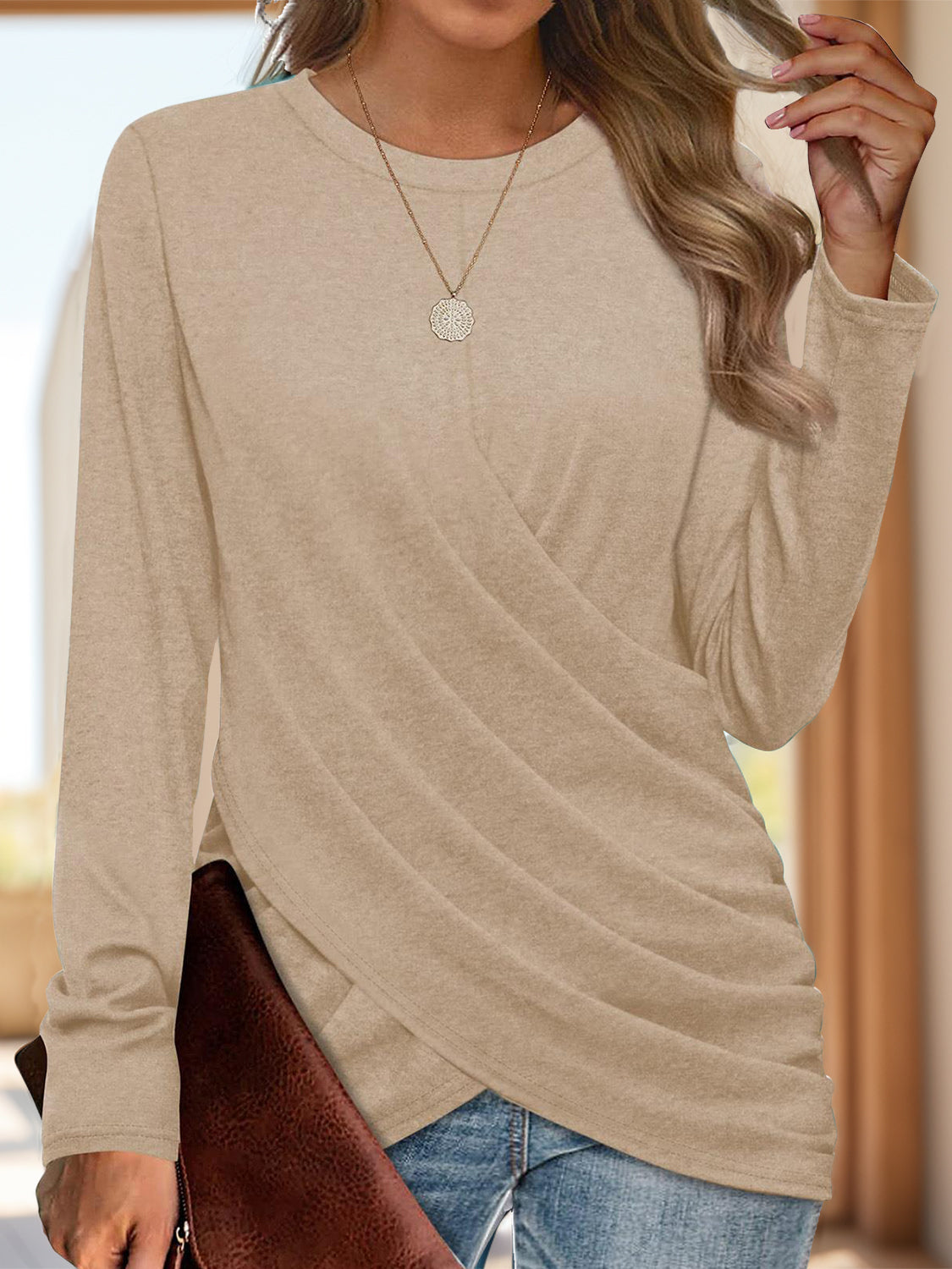 Ruched Round Neck Long Sleeve T-Shirt-TOPS / DRESSES-[Adult]-[Female]-Tan-S-2022 Online Blue Zone Planet