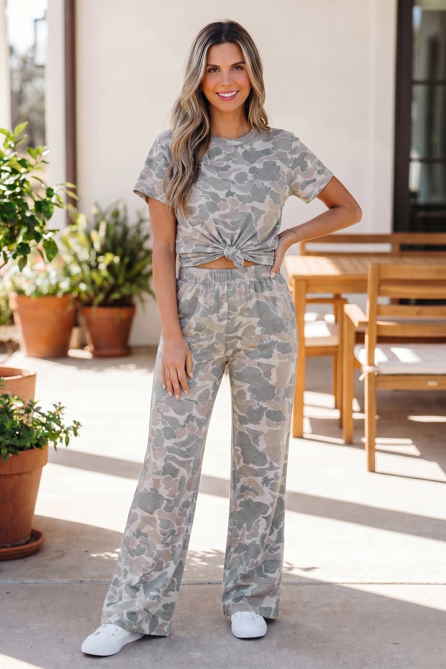 Multicolour Camouflage Short Sleeve Top and High Waist Wide Leg Pants Set-Two Piece Sets/Pant Sets-[Adult]-[Female]-2022 Online Blue Zone Planet