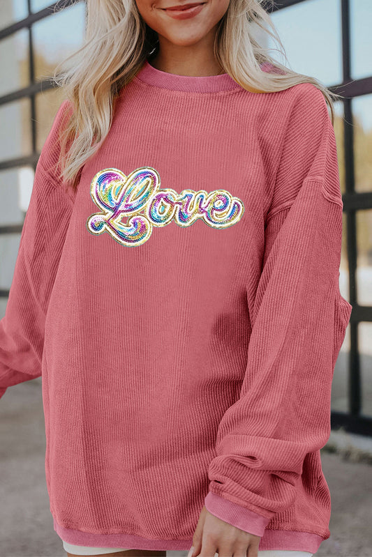 Strawberry Pink Sequin Love Graphic Corded Valentines Sweatshirt-Graphic Sweatshirts-[Adult]-[Female]-Strawberry Pink-S-2022 Online Blue Zone Planet