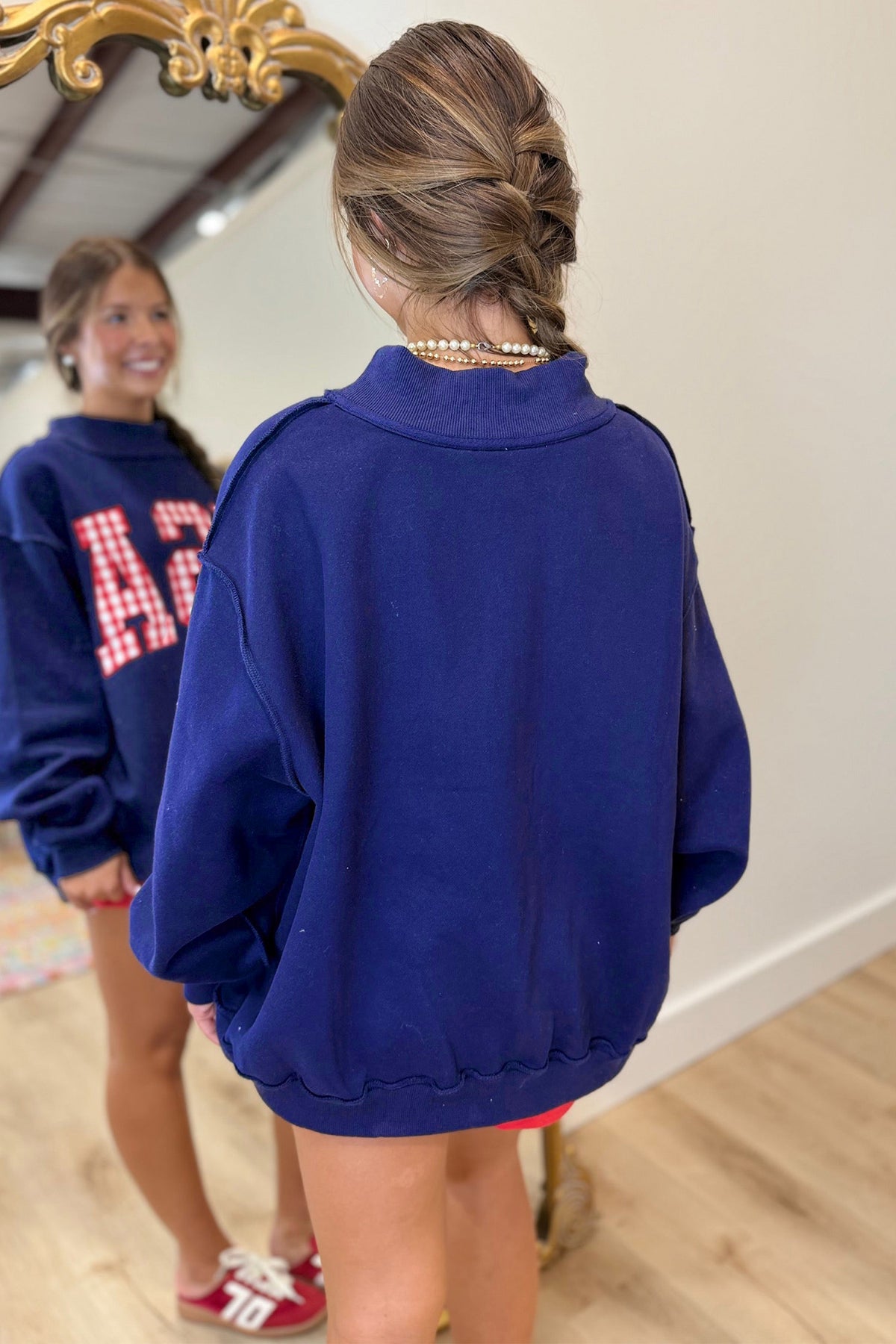 Navy Blue USA Gingham Slogan Exposed Seam Mock Neck Baggy Pullover Sweatshirt-Tops/Sweatshirts & Hoodies-[Adult]-[Female]-2022 Online Blue Zone Planet