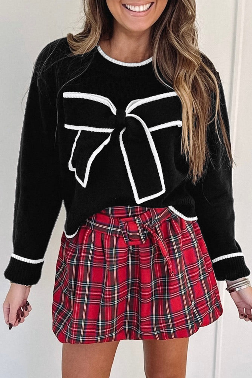 Black Contrast Trim Big Bow Accent Holiday Cropped Sweater-TOPS / DRESSES-[Adult]-[Female]-Black-S-2022 Online Blue Zone Planet