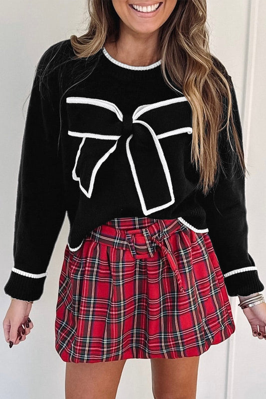 Black Contrast Trim Big Bow Accent Holiday Cropped Sweater-TOPS / DRESSES-[Adult]-[Female]-Black-S-2022 Online Blue Zone Planet