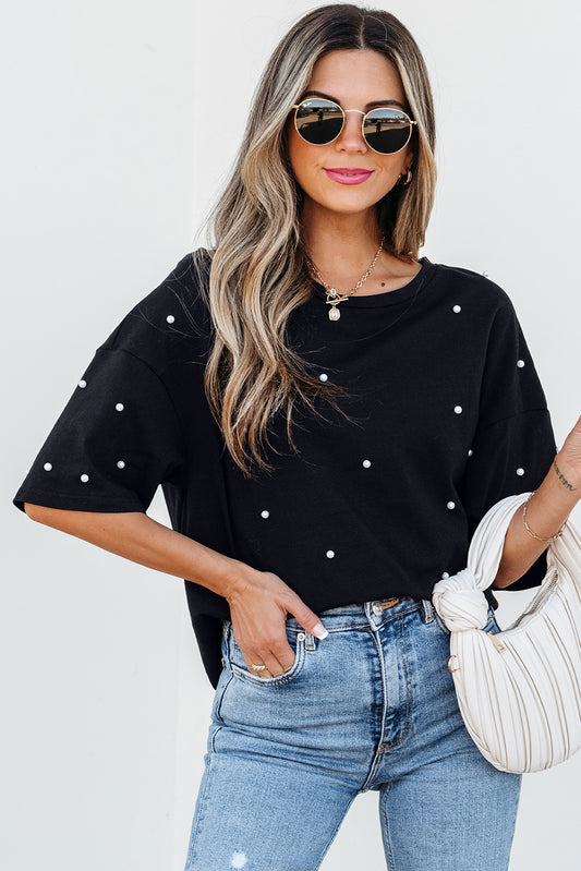 Black Pearl Beaded Drop Shoulder Crewneck T Shirt-Tops/Tops & Tees-[Adult]-[Female]-Black-S-2022 Online Blue Zone Planet