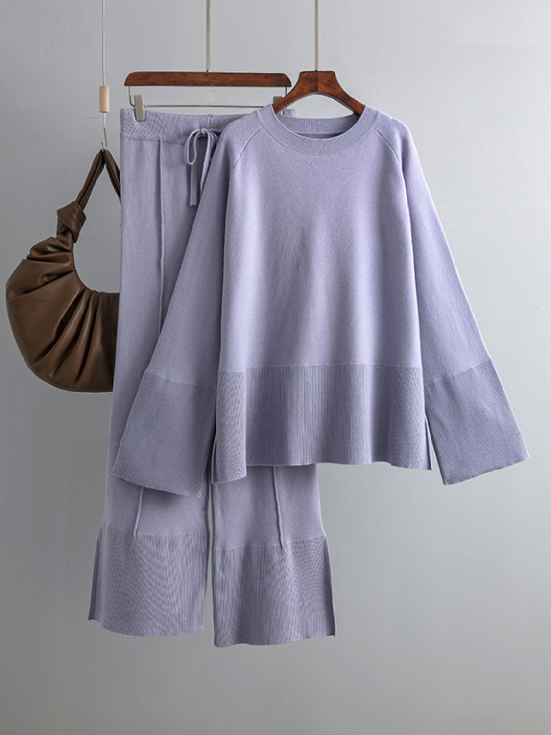 Blue Zone Planet | Basic Bae Slit Round Neck Long Sleeve Top and Drawstring Pants Sweater Set-TOPS / DRESSES-[Adult]-[Female]-2022 Online Blue Zone Planet