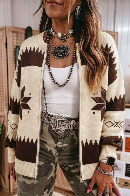 Beige Western Geometric Print Zip Front Loose Sweater Cardigan-Sweaters & Cardigans/Cardigans-[Adult]-[Female]-Beige-S-2022 Online Blue Zone Planet