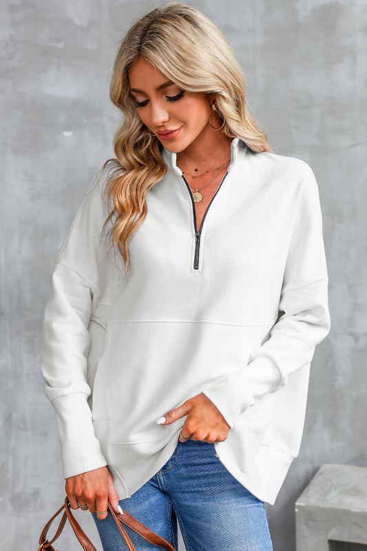 Half Zip Pocketed Dropped Shoulder Sweatshirt-TOPS / DRESSES-[Adult]-[Female]-White-S-2022 Online Blue Zone Planet