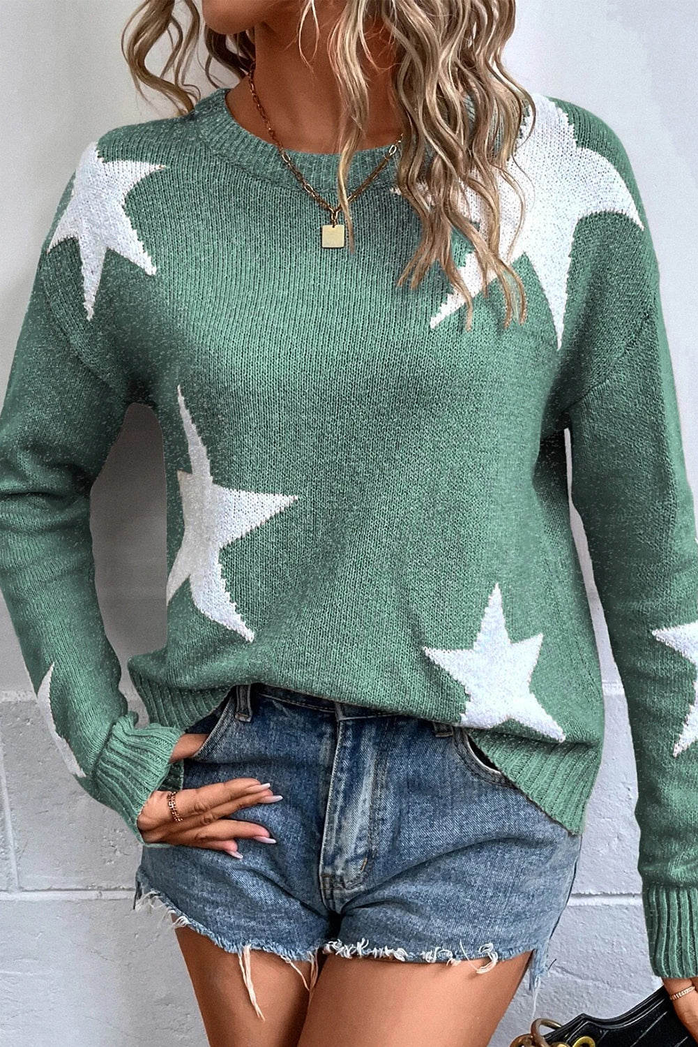 Khaki Star Pattern Drop Shoulder Sweater-Sweaters & Cardigans/Sweaters-[Adult]-[Female]-Green-S-2022 Online Blue Zone Planet