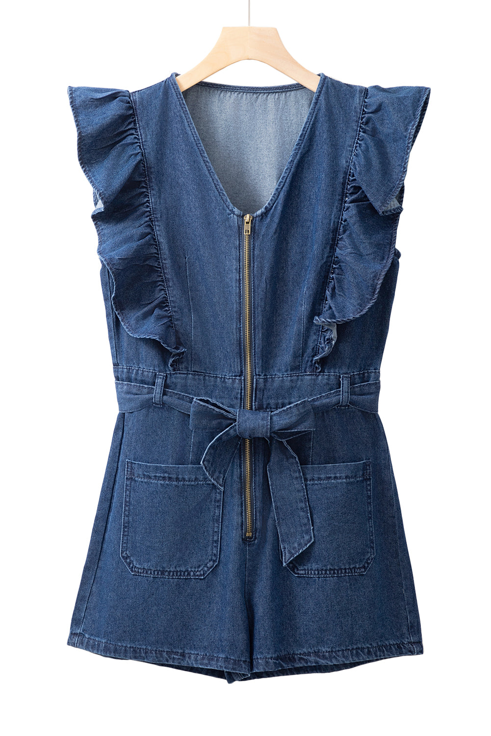 Sail Blue Denim Ruffled Zipped Front Belted Romper-Rompers-[Adult]-[Female]-2022 Online Blue Zone Planet