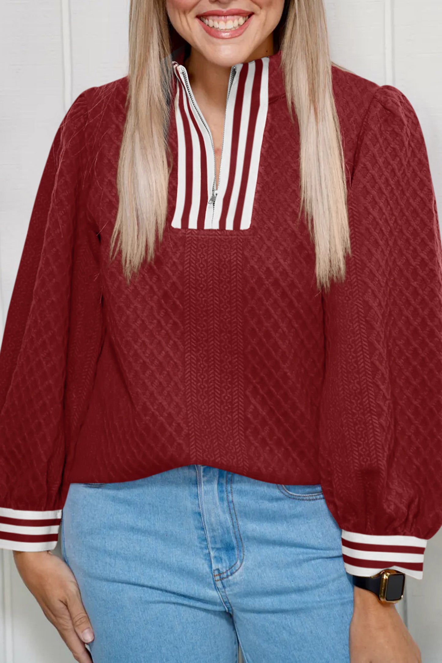 Racing Red Rhombus Textured Striped Patchwork Zip Neck Pullover Sweatshirt-Tops/Sweatshirts & Hoodies-[Adult]-[Female]-Racing Red-S-2022 Online Blue Zone Planet