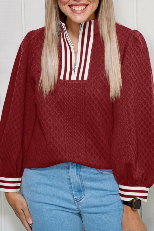 Racing Red Rhombus Textured Striped Patchwork Zip Neck Pullover Sweatshirt-Tops/Sweatshirts & Hoodies-[Adult]-[Female]-Racing Red-S-2022 Online Blue Zone Planet