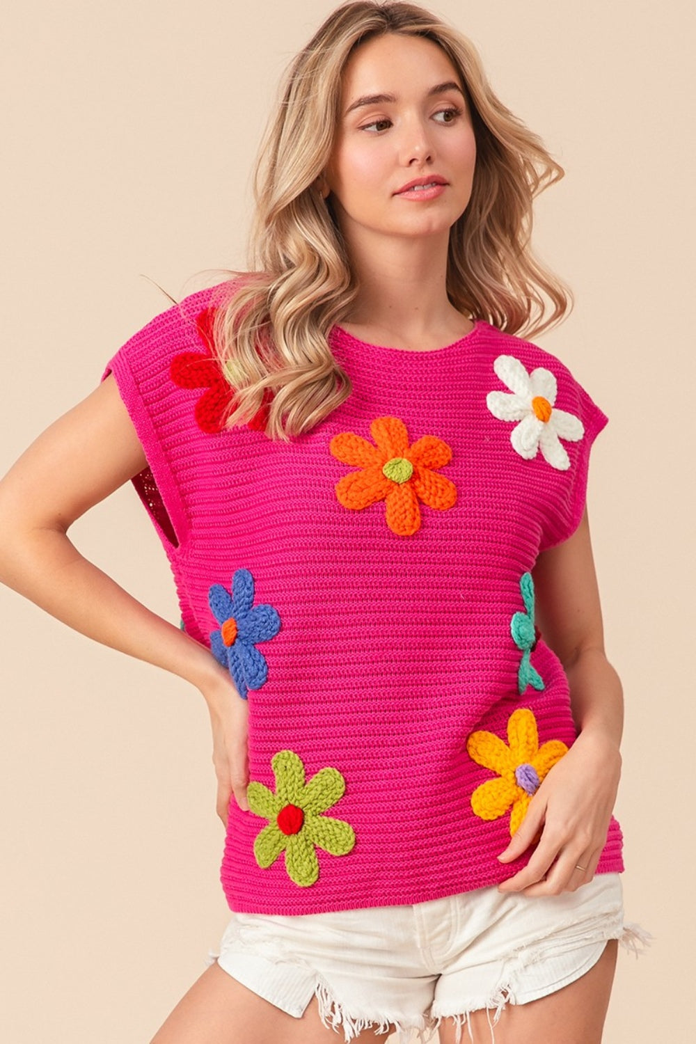 BiBi Flower Round Neck Cap Sleeve Knit Top-TOPS / DRESSES-[Adult]-[Female]-2022 Online Blue Zone Planet