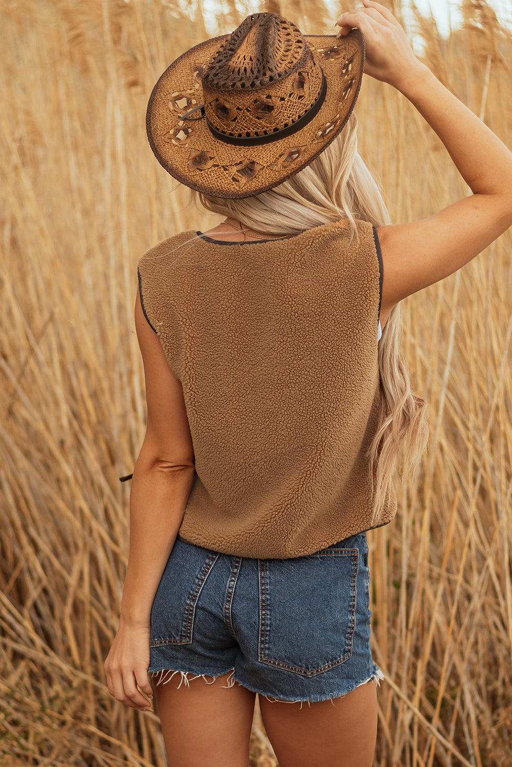 Light French Beige Contrast Trim Tie Front Sherpa Vest-Outerwear/Vests-[Adult]-[Female]-2022 Online Blue Zone Planet