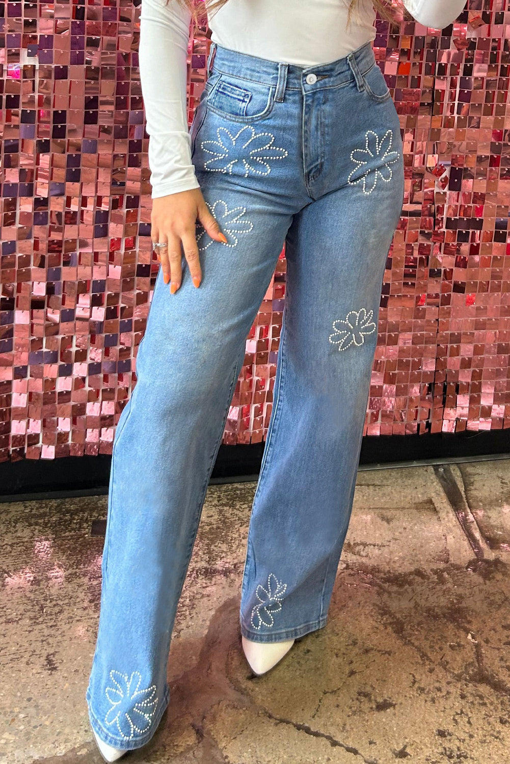 Blue Zone Planet | Light Blue Floral Rhinestone Decor High Rise Wide Leg Jeans-Bottoms/Jeans-[Adult]-[Female]-Light Blue-6-2022 Online Blue Zone Planet