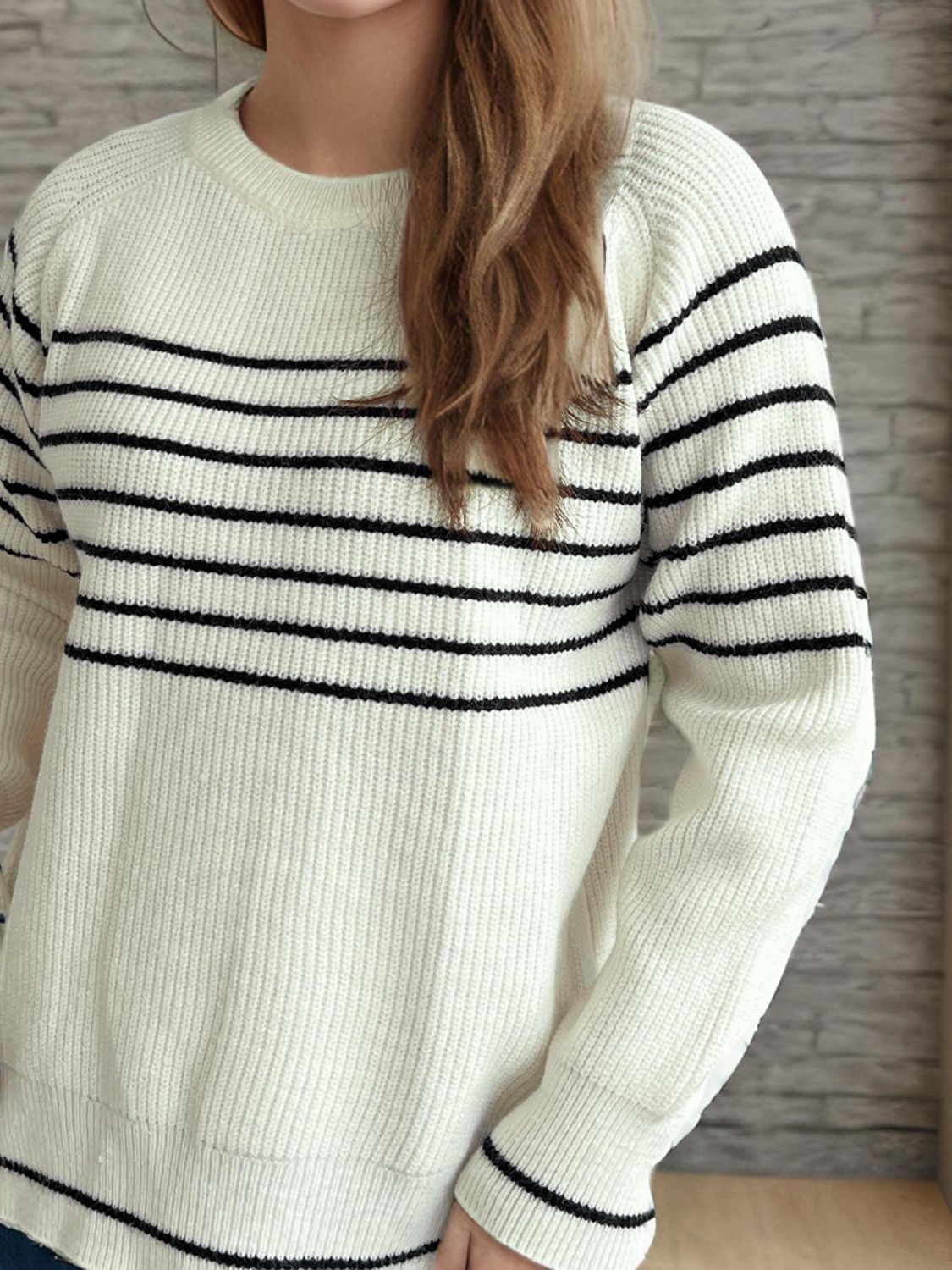 Striped Round Neck Long Sleeve Sweater-TOPS / DRESSES-[Adult]-[Female]-2022 Online Blue Zone Planet